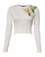 Dolce & Gabbana White Silk Lily Embellished Pullover Sweater