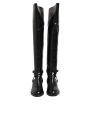 Elisabetta Franchi Black Leather Buckled High Boots Shoes