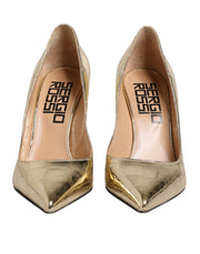 Sergio Rossi Gold Leather Pointed Toe Block Heels Shoes