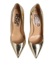 Sergio Rossi Gold Leather Pointed Toe Block Heels Shoes