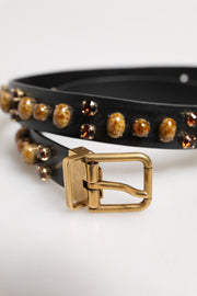 Dolce & Gabbana Black Leather Studded Gold Tone Buckle Belt