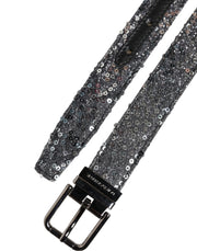 Dolce & Gabbana Black Sequins Silver Metal Logo Buckle Belt