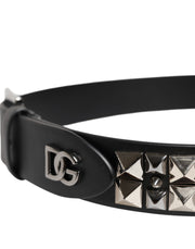 Dolce & Gabbana Black Leather Studded DG Metal Buckle Belt