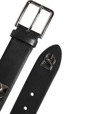 Dolce & Gabbana Black Leather Studded DG Metal Buckle Belt