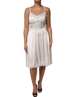 Dolce & Gabbana White Lace DG Logo Silk Dress Sleepwear