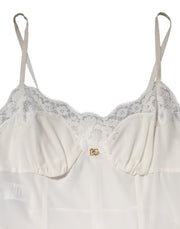 Dolce & Gabbana White Lace Gold DG Logo Silk Dress Sleepwear