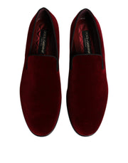 Dolce & Gabbana Red Cotton Velvet Slip On Loafers Formal Shoes