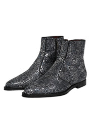 Dolce & Gabbana Dark Gray Cotton Sequined Chelsea Boots Shoes