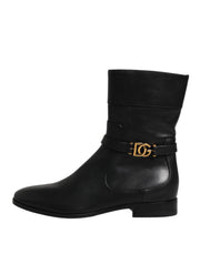 Dolce & Gabbana Black Leather Flats Logo Short Boots Shoes