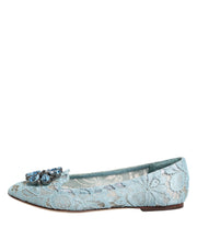 Dolce & Gabbana Blue Lace Crystal Ballet Flats Loafers Shoes