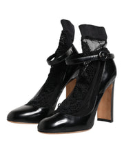 Dolce & Gabbana Black Leather Lace Socks Heels Pumps Shoes