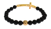 Nialaya Matte Onyx Stone Gold CZ Cross 925 Silver Bracelet