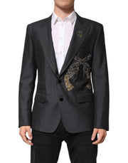 Dolce & Gabbana Dark Gray Bee Embroidery SICILIA Coat Blazer