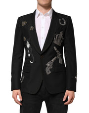 Dolce & Gabbana Black Bee Crown Embellished Suit Coat Blazer