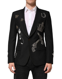 Dolce & Gabbana Black Bee Crown Embellished Suit Coat Blazer