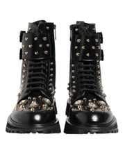 Dolce & Gabbana Black Studded Lace Up Mid Calf Boots Shoes