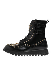 Dolce & Gabbana Black Studded Lace Up Mid Calf Boots Shoes