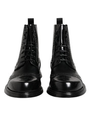 Dolce & Gabbana Black Leather Lace Up Mid Calf Boots Shoes