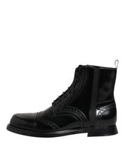 Dolce & Gabbana Black Leather Lace Up Mid Calf Boots Shoes