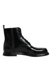 Dolce & Gabbana Black Leather Lace Up Mid Calf Boots Shoes