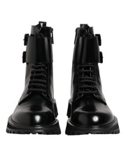 Dolce & Gabbana Black Leather Lace Up Mid Calf Boots Shoes