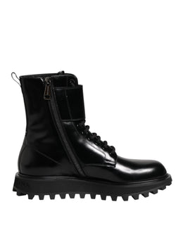 Dolce & Gabbana Black Leather Lace Up Mid Calf Boots Shoes