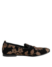 Dolce & Gabbana Black Floral Embroidery Men Loafers Shoes