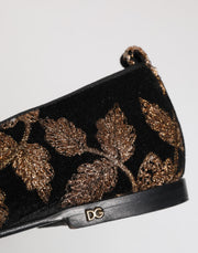 Dolce & Gabbana Black Floral Embroidery Men Loafers Shoes