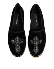 Dolce & Gabbana Black Cross Crystal Slip On Espadrille Shoes