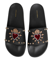 Dolce & Gabbana Black Rubber Sacred Heart Slides Men Beachwear Shoes