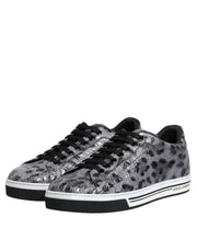 Dolce & Gabbana Gray Leather Leopard Low Top Sneakers Shoes