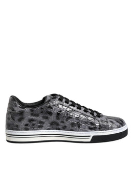 Dolce & Gabbana Gray Leather Leopard Low Top Sneakers Shoes