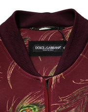 Dolce & Gabbana Maroon Peacock Feather Print Bomber Jacket