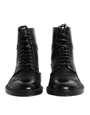 Dolce & Gabbana Black Leather Lace Up Mid Calf Boots Shoes