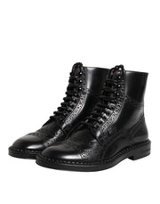 Dolce & Gabbana Black Leather Lace Up Mid Calf Boots Shoes