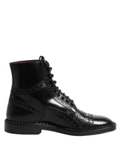 Dolce & Gabbana Black Leather Lace Up Mid Calf Boots Shoes