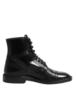 Dolce & Gabbana Black Leather Lace Up Mid Calf Boots Shoes