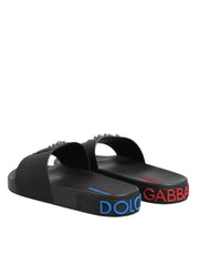 Dolce & Gabbana Black Leather Slides Flats Beachwear Shoes