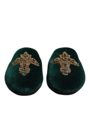 Dolce & Gabbana Green Velvet Cross Embellished Slippers Shoes