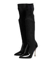 Dolce & Gabbana Black Leather Ribbed Knit Knee Boots Shoes