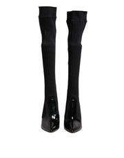 Dolce & Gabbana Black Leather Ribbed Knit Knee Boots Shoes