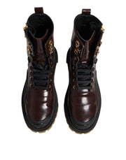 Dolce & Gabbana Maroon Leather Mid Calf Biker Boots Shoes