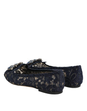 Dolce & Gabbana Blue Taormina Lace Crystals Flats Shoes