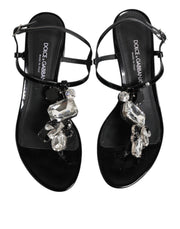 Dolce & Gabbana Black Leather Crystal Ankle Strap Sandals Shoes