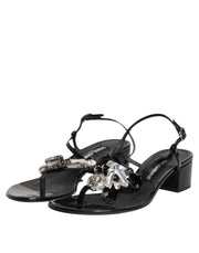 Dolce & Gabbana Black Leather Crystal Ankle Strap Sandals Shoes