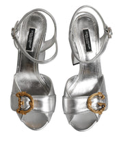 Dolce & Gabbana Silver Logo Ankle Strap Heels Sandals Shoes