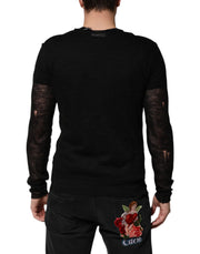 Dolce & Gabbana Black Linen Mesh Tattered Longsleeves T-shirt