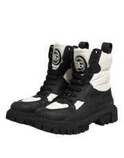 Dolce & Gabbana Black White Padded Mid Calf Lace Up Boots Shoes