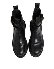 Dolce & Gabbana Black Calfskin DG Logo Strap Ankle Boots Shoes