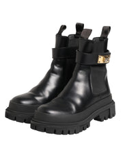 Dolce & Gabbana Black Calfskin DG Logo Strap Ankle Boots Shoes